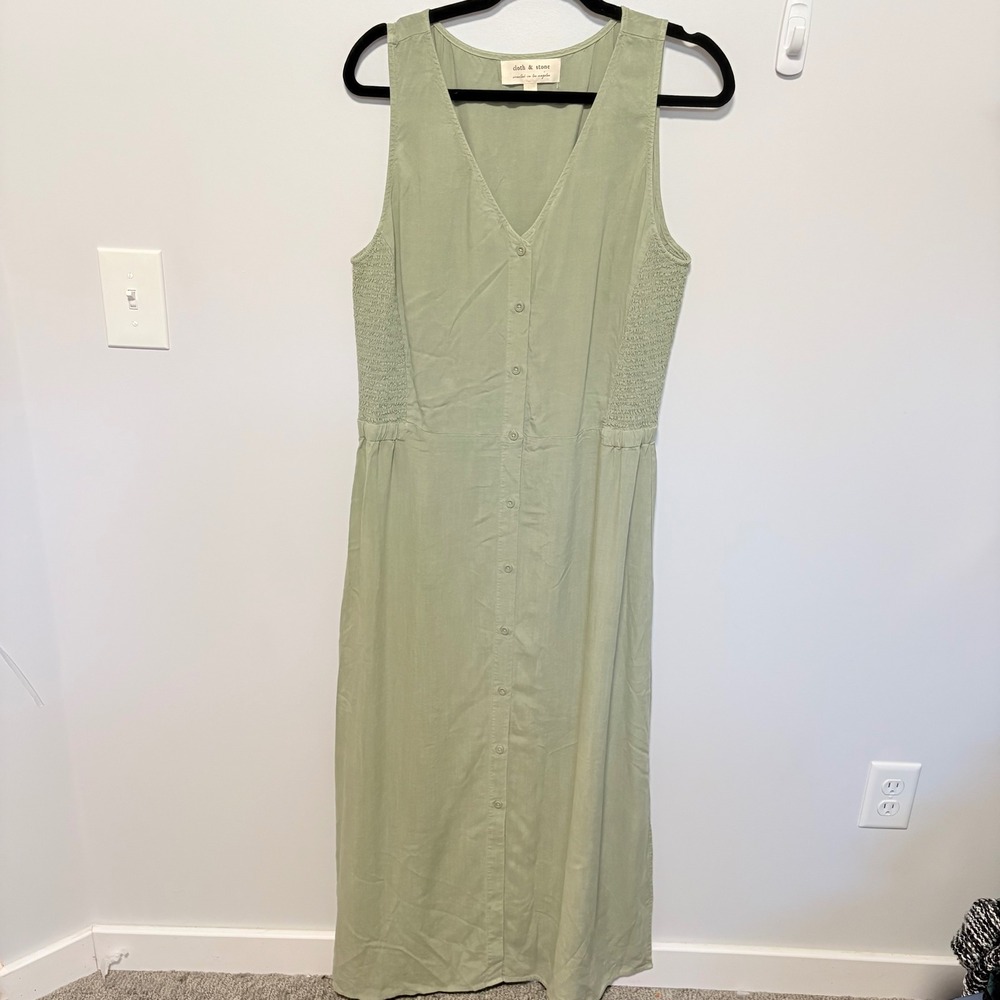 Cloth & Stone Matcha Button Front Maxi Dress Womens Sage Green XL Smocked